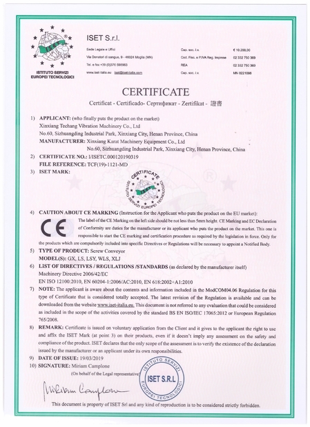 China Xinxiang Techang Vibration Machinery Co.,Ltd. Certification