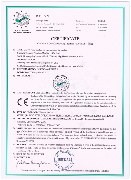 China Xinxiang Techang Vibration Machinery Co.,Ltd. Certification